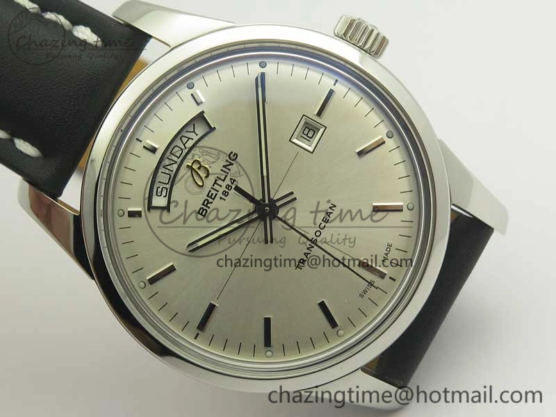 Breitling Transocean Day & Date SS V7F 1:1 Best Edition Silver Dial on Black Leather Strap A2836