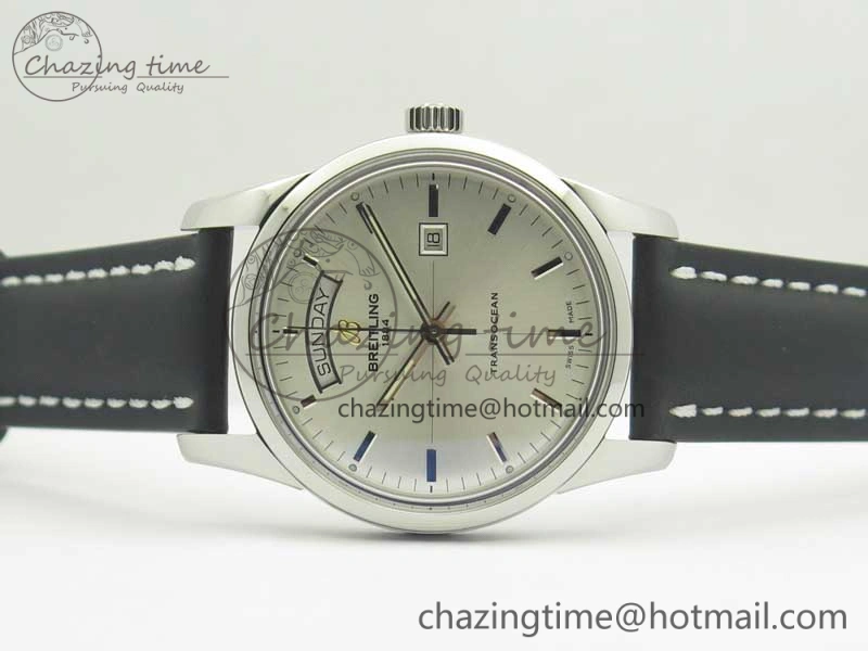 Breitling Transocean Day & Date SS V7F 1:1 Best Edition Silver Dial on Black Leather Strap A2836