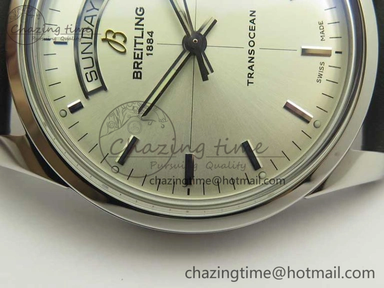 Breitling Transocean Day & Date SS V7F 1:1 Best Edition Silver Dial on Black Leather Strap A2836