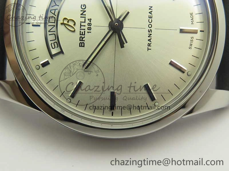 Breitling Transocean Day & Date SS V7F 1:1 Best Edition Silver Dial on Black Leather Strap A2836