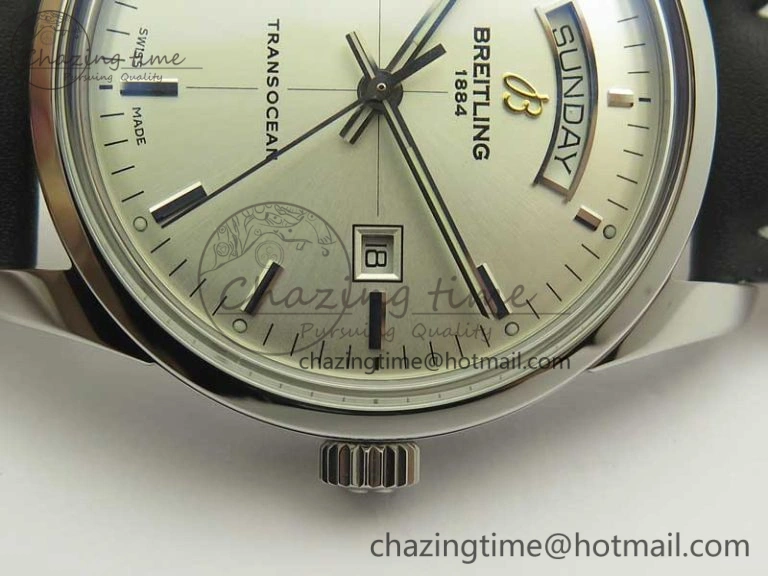 Breitling Transocean Day & Date SS V7F 1:1 Best Edition Silver Dial on Black Leather Strap A2836
