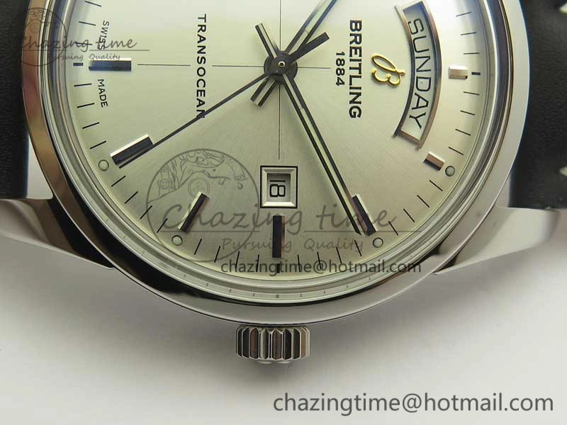 Breitling Transocean Day & Date SS V7F 1:1 Best Edition Silver Dial on Black Leather Strap A2836