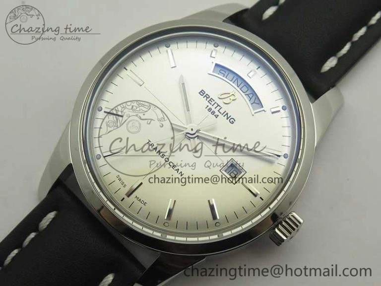 Breitling Transocean Day & Date SS V7F 1:1 Best Edition Silver Dial on Black Leather Strap A2836