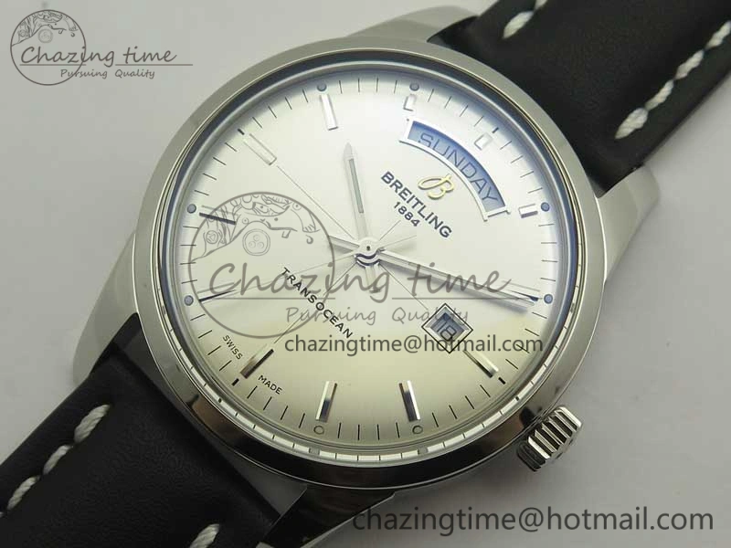 Breitling Transocean Day & Date SS V7F 1:1 Best Edition Silver Dial on Black Leather Strap A2836