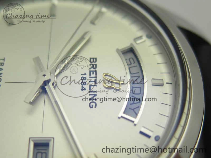 Breitling Transocean Day & Date SS V7F 1:1 Best Edition Silver Dial on Black Leather Strap A2836