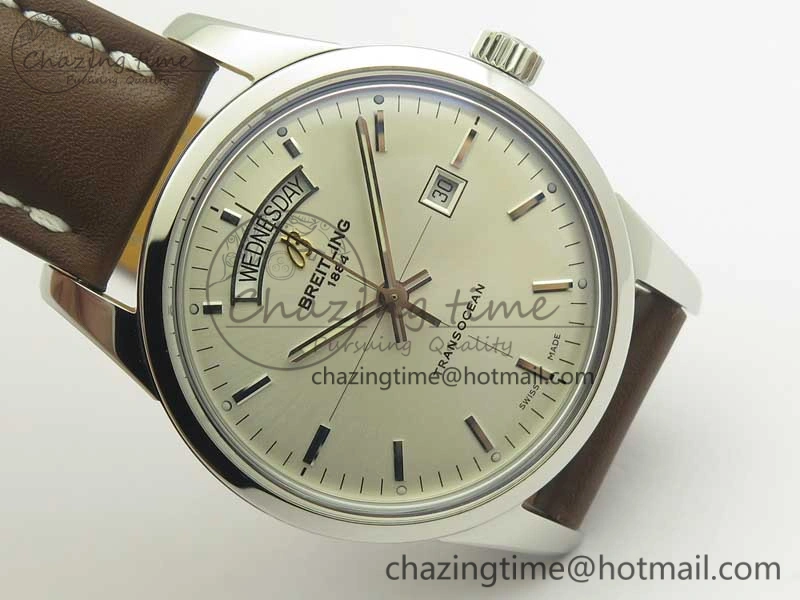 Breitling Transocean Day & Date SS V7F 1:1 Best Edition Silver Dial on Brown Leather Strap A2836