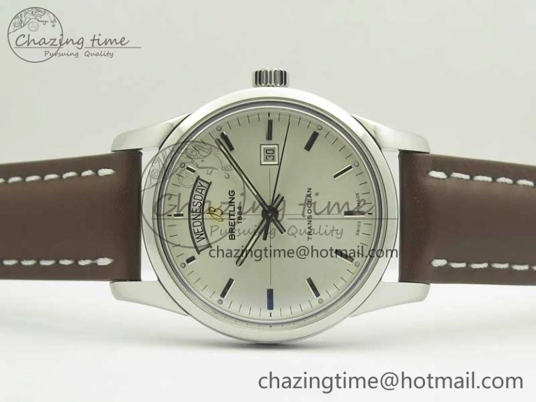 Breitling Transocean Day & Date SS V7F 1:1 Best Edition Silver Dial on Brown Leather Strap A2836