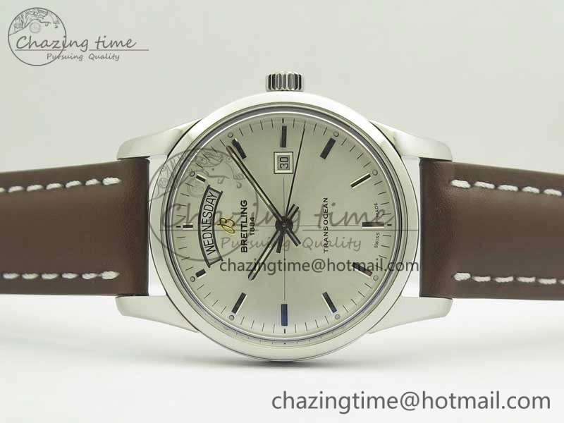 Breitling Transocean Day & Date SS V7F 1:1 Best Edition Silver Dial on Brown Leather Strap A2836