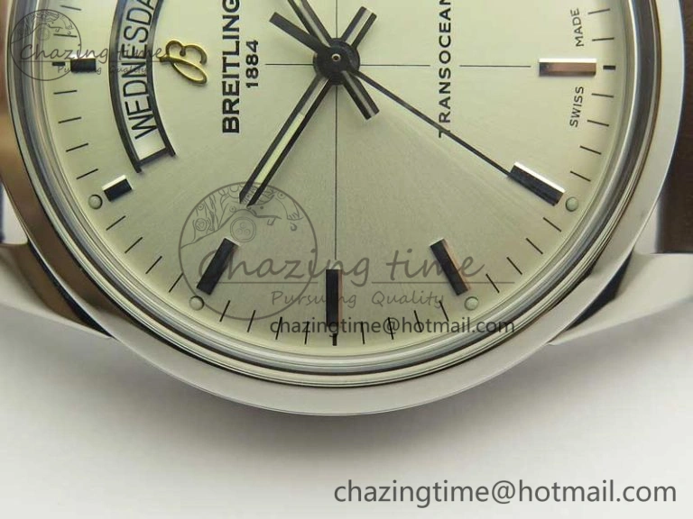 Breitling Transocean Day & Date SS V7F 1:1 Best Edition Silver Dial on Brown Leather Strap A2836