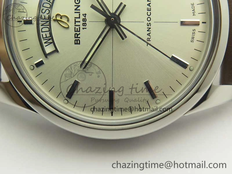 Breitling Transocean Day & Date SS V7F 1:1 Best Edition Silver Dial on Brown Leather Strap A2836