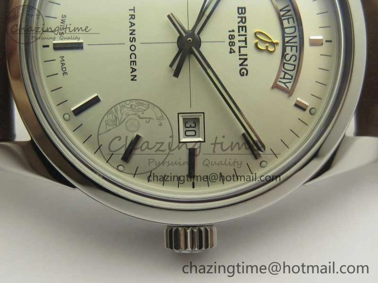 Breitling Transocean Day & Date SS V7F 1:1 Best Edition Silver Dial on Brown Leather Strap A2836