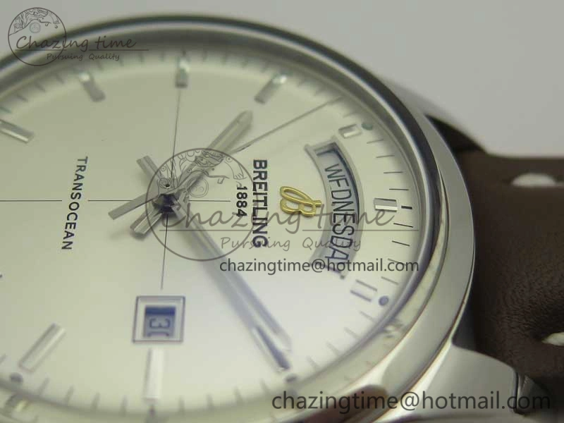 Breitling Transocean Day & Date SS V7F 1:1 Best Edition Silver Dial on Brown Leather Strap A2836