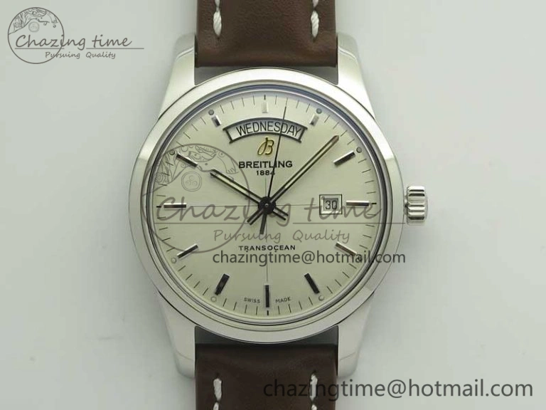 Breitling Transocean Day & Date SS V7F 1:1 Best Edition Silver Dial on Brown Leather Strap A2836