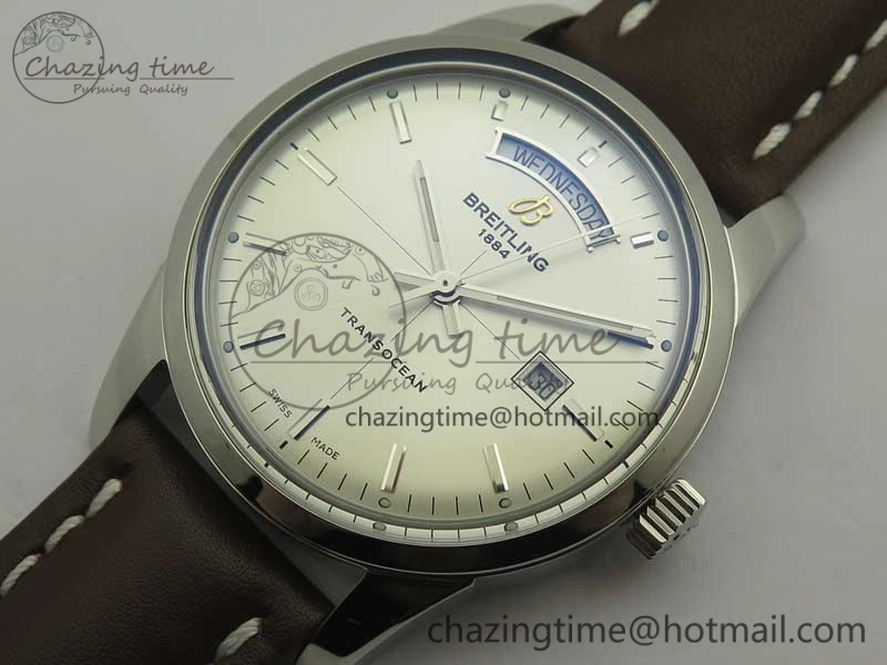 Breitling Transocean Day & Date SS V7F 1:1 Best Edition Silver Dial on Brown Leather Strap A2836