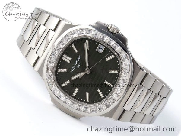 CUSTOM MODDED NAUTILUS 5711 1300A-001 BUFF 1:1 Edition Diamonds Bezel Green Dial On SS Bracelet PPM324 Super Clone