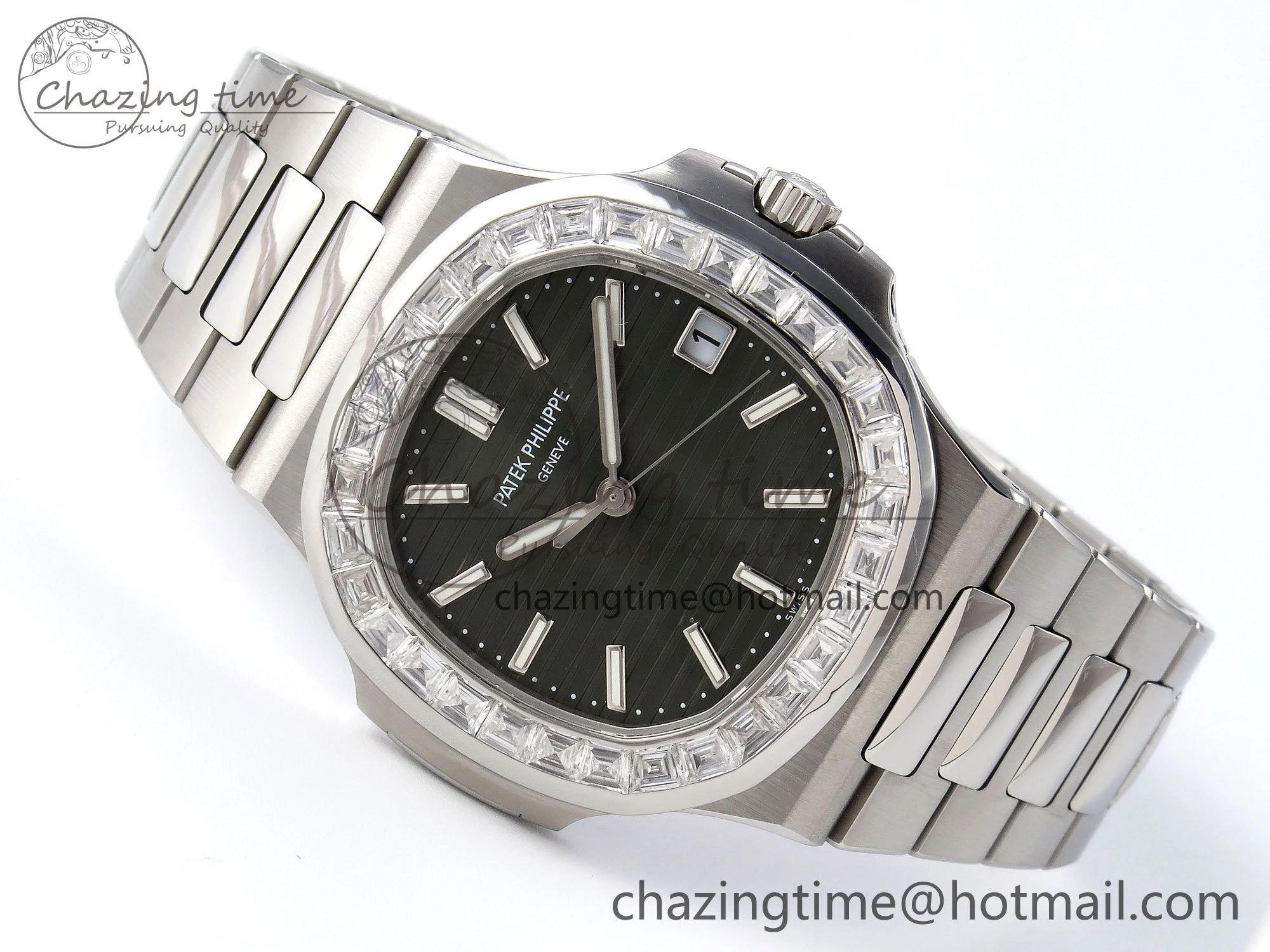 CUSTOM MODDED NAUTILUS 5711 1300A-001 BUFF 1:1 Edition Diamonds Bezel Green Dial On SS Bracelet PPM324 Super Clone