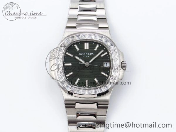 CUSTOM MODDED NAUTILUS 5711 1300A-001 BUFF 1:1 Edition Diamonds Bezel Green Dial On SS Bracelet PPM324 Super Clone