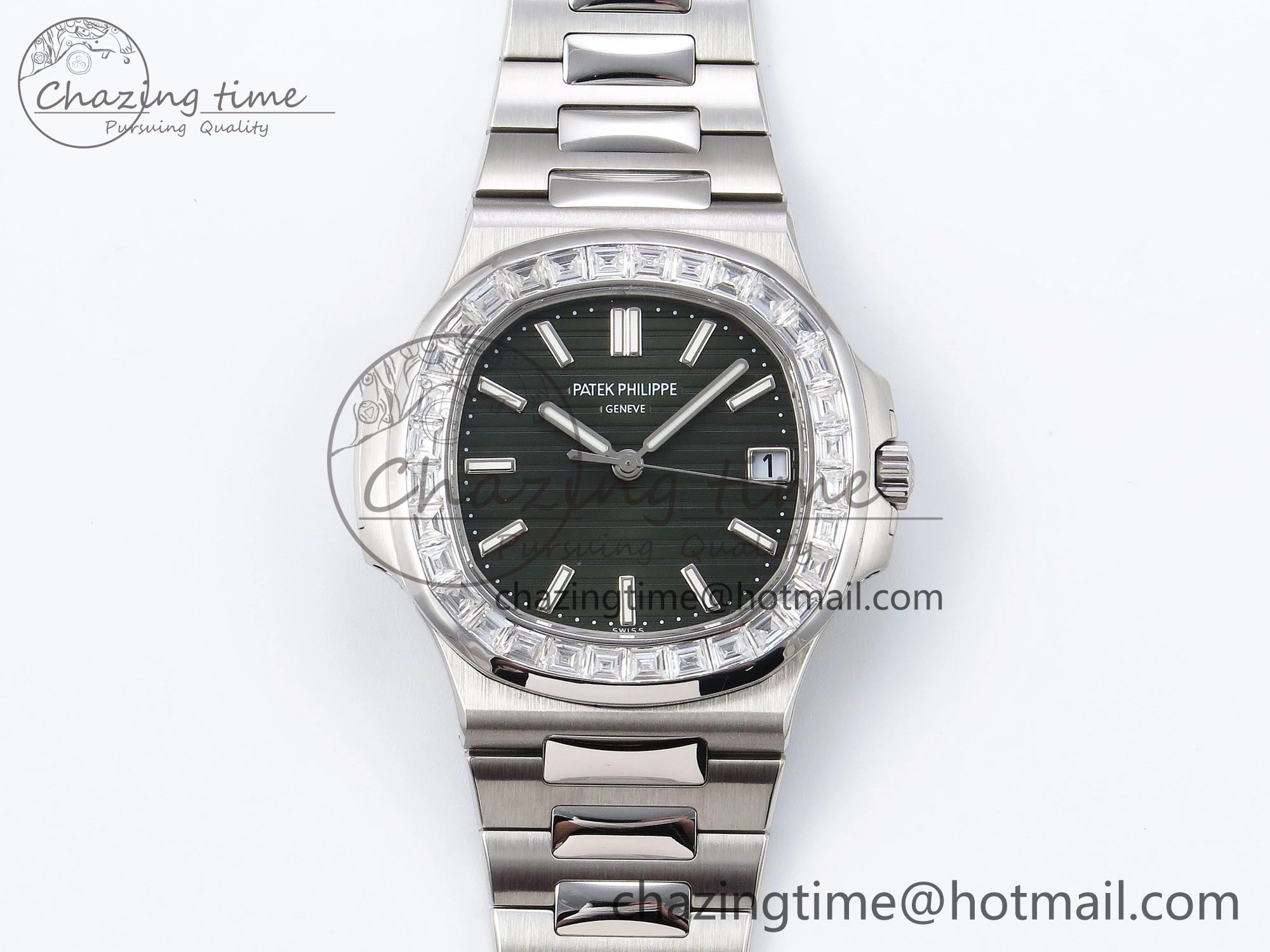 CUSTOM MODDED NAUTILUS 5711 1300A-001 BUFF 1:1 Edition Diamonds Bezel Green Dial On SS Bracelet PPM324 Super Clone