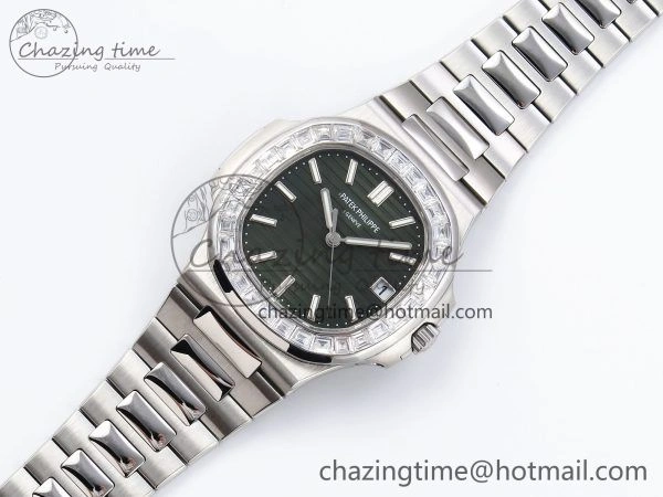 CUSTOM MODDED NAUTILUS 5711 1300A-001 BUFF 1:1 Edition Diamonds Bezel Green Dial On SS Bracelet PPM324 Super Clone
