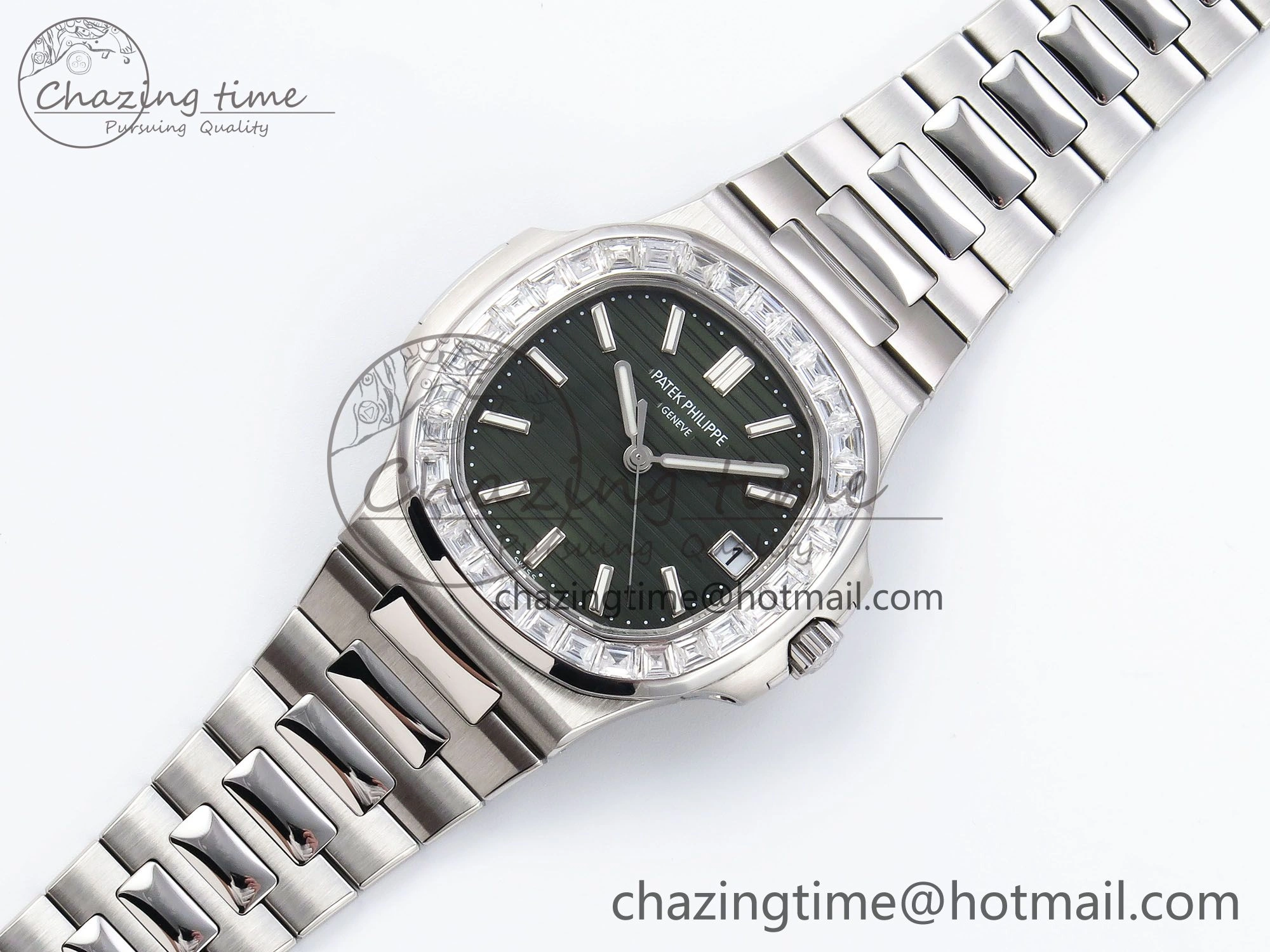 CUSTOM MODDED NAUTILUS 5711 1300A-001 BUFF 1:1 Edition Diamonds Bezel Green Dial On SS Bracelet PPM324 Super Clone