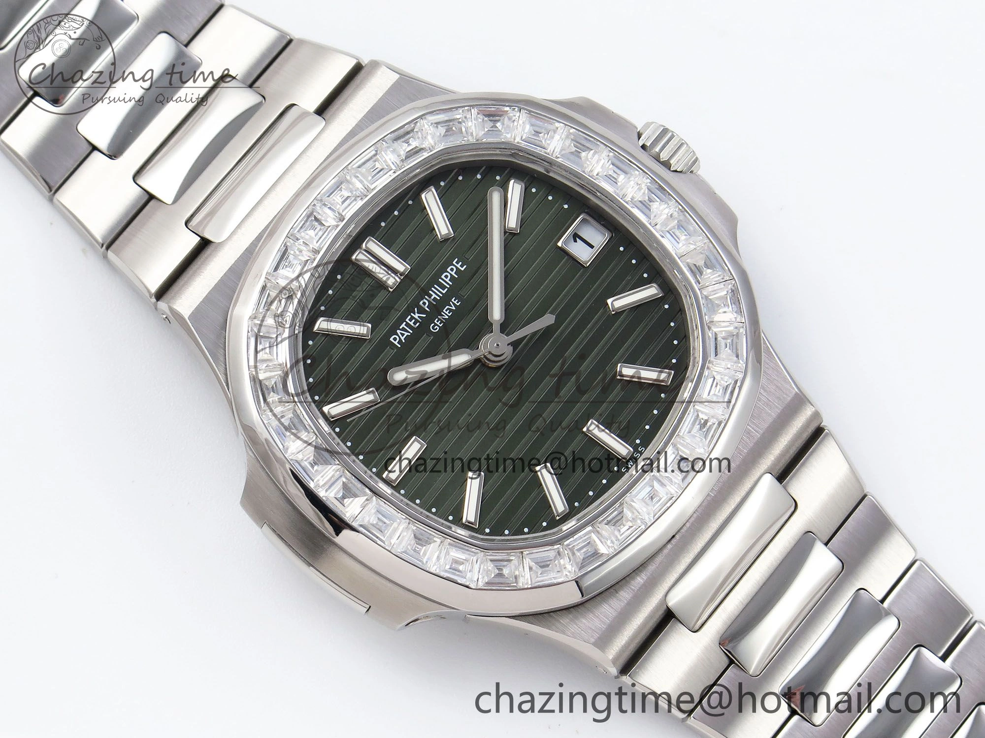 CUSTOM MODDED NAUTILUS 5711 1300A-001 BUFF 1:1 Edition Diamonds Bezel Green Dial On SS Bracelet PPM324 Super Clone
