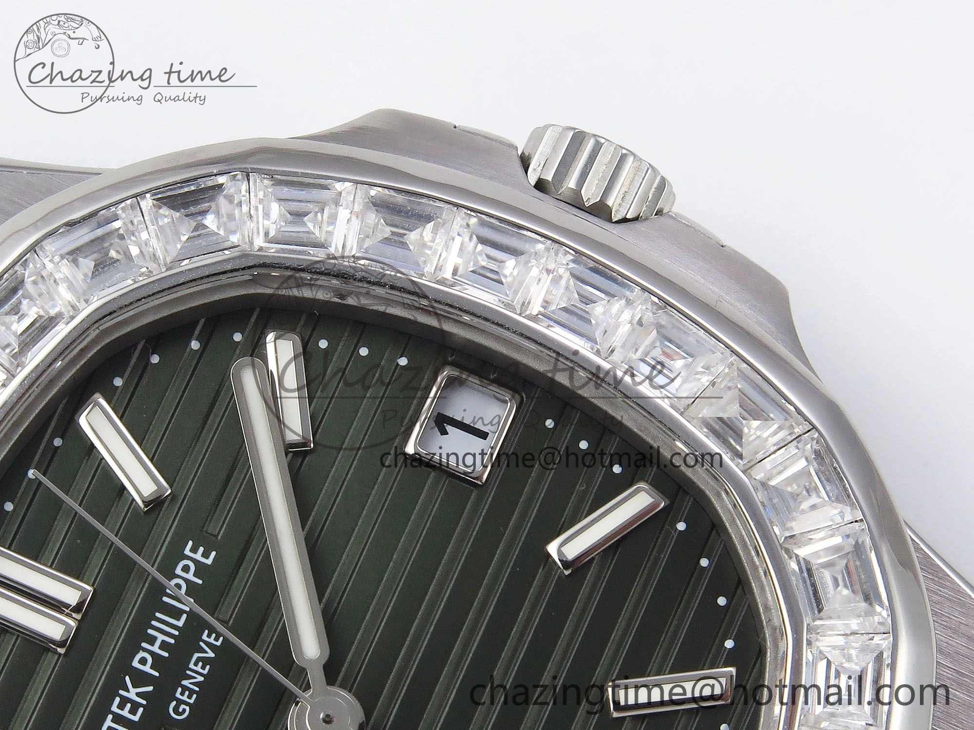 CUSTOM MODDED NAUTILUS 5711 1300A-001 BUFF 1:1 Edition Diamonds Bezel Green Dial On SS Bracelet PPM324 Super Clone