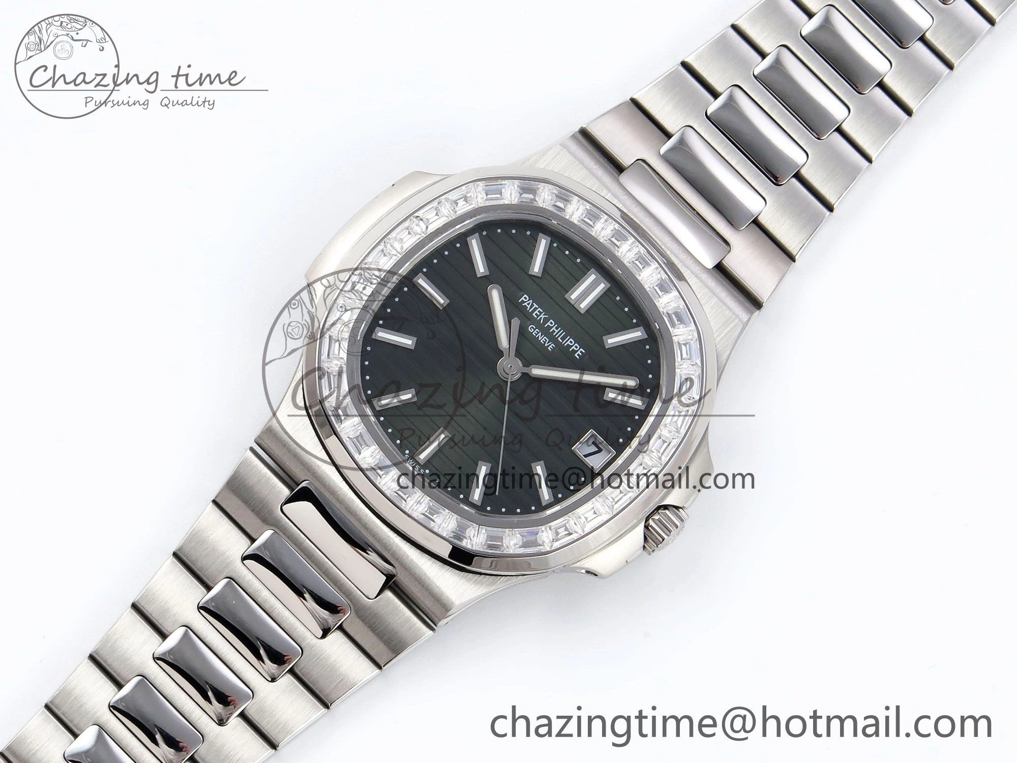 CUSTOM MODDED NAUTILUS 5711 1300A-001 SWF 1:1 Edition Diamond Bezel Green Dial On SS Bracelet PPM324 Super Clone