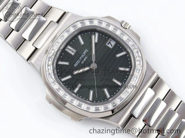 CUSTOM MODDED NAUTILUS 5711 1300A-001 SWF 1:1 Edition Diamond Bezel Green Dial On SS Bracelet PPM324 Super Clone