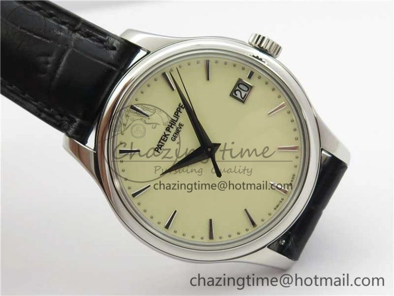 Calatrava 5227 SS ZF 1:1 Best Edition Ivory Dial on Black Leather Strap 324CS