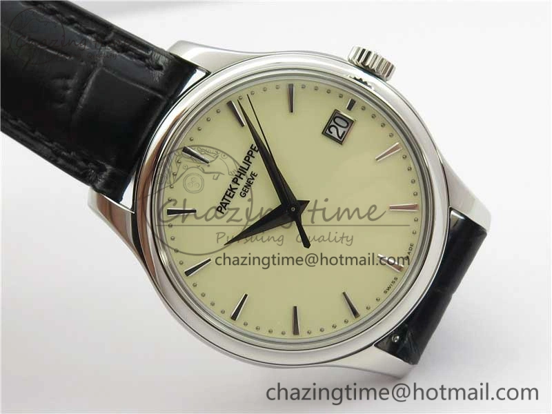 Calatrava 5227 SS ZF 1:1 Best Edition Ivory Dial on Black Leather Strap 324CS