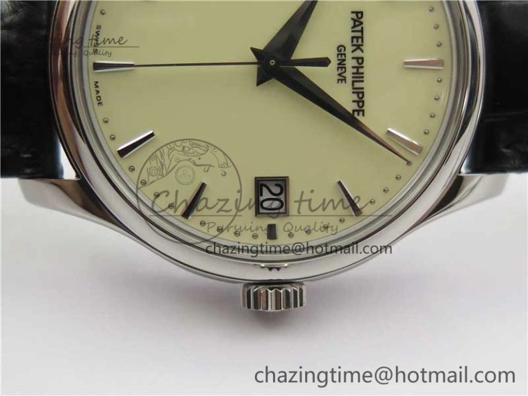 Calatrava 5227 SS ZF 1:1 Best Edition Ivory Dial on Black Leather Strap 324CS