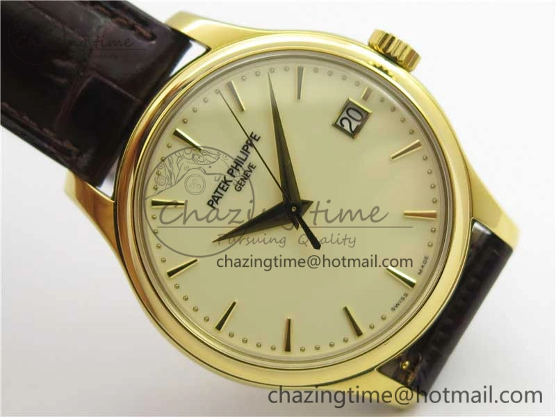 Calatrava 5227R YG ZF 1:1 Best Edition Ivory Dial on Brown Leather Strap A324CS