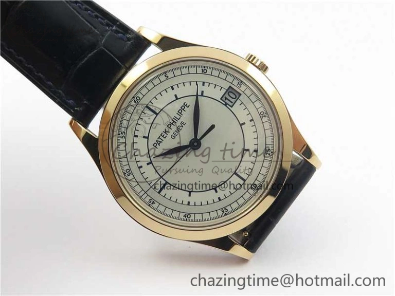 Calatrava 5296G RG ZF 1:1 Best Edition White Dial Blue Hands on Black Leather Strap 324CS