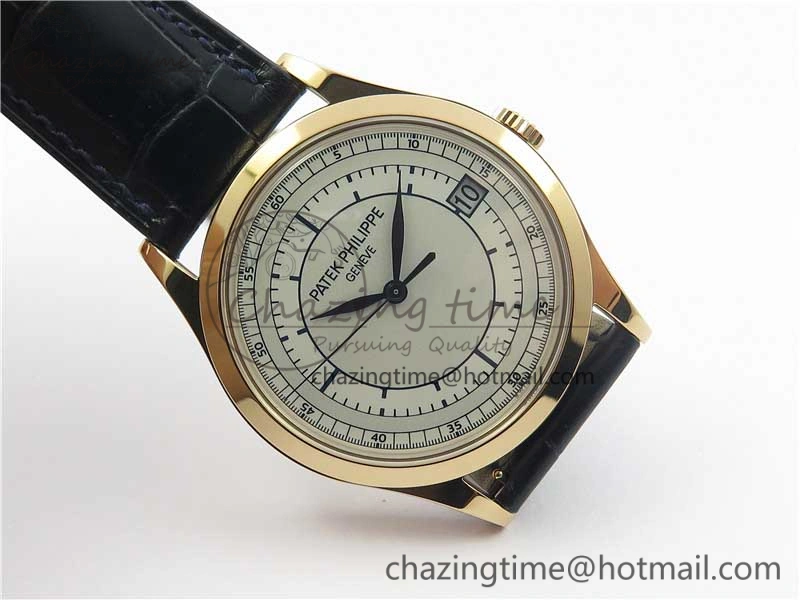 Calatrava 5296G RG ZF 1:1 Best Edition White Dial Blue Hands on Black Leather Strap 324CS