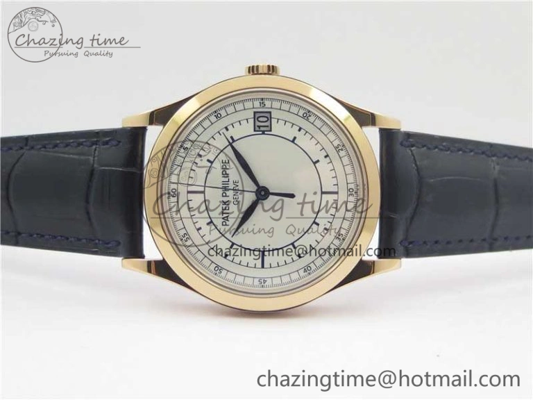 Calatrava 5296G RG ZF 1:1 Best Edition White Dial Blue Hands on Black Leather Strap 324CS