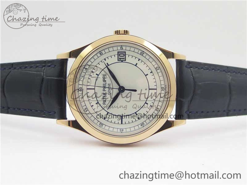 Calatrava 5296G RG ZF 1:1 Best Edition White Dial Blue Hands on Black Leather Strap 324CS