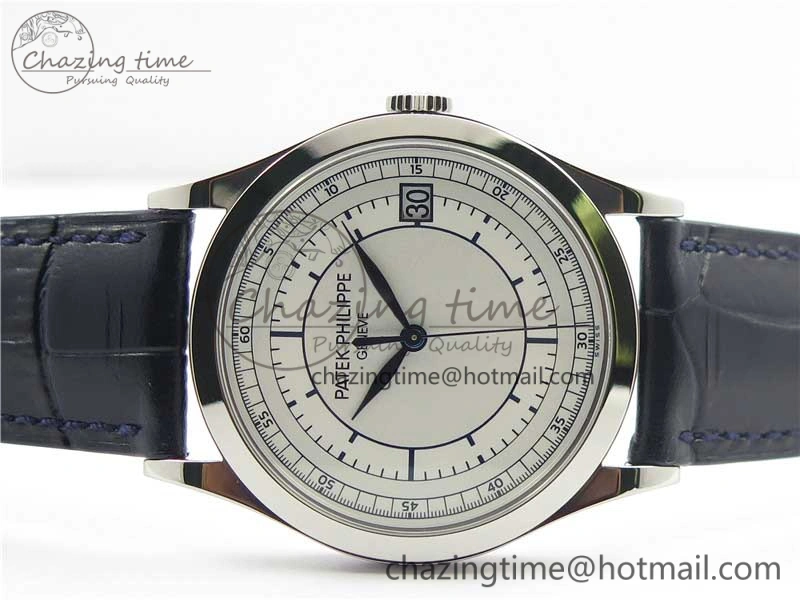 Calatrava 5296G SS ZF 1:1 Best Edition White Dial Blue Hands on Black Leather Strap 324CS
