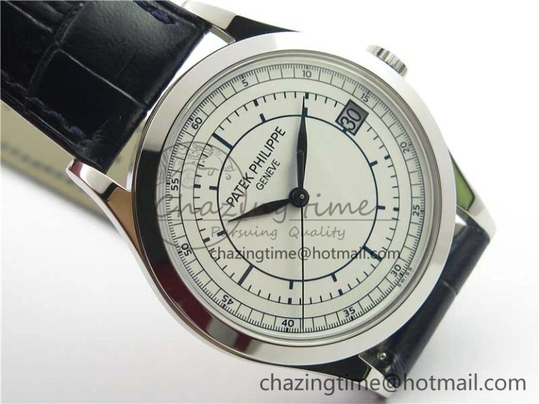Calatrava 5296G SS ZF 1:1 Best Edition White Dial Blue Hands on Black Leather Strap 324CS