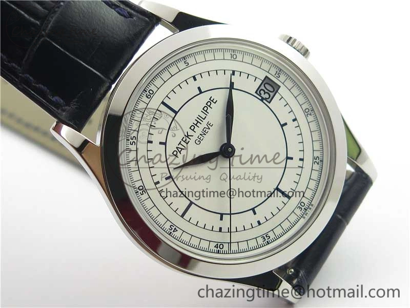 Calatrava 5296G SS ZF 1:1 Best Edition White Dial Blue Hands on Black Leather Strap 324CS