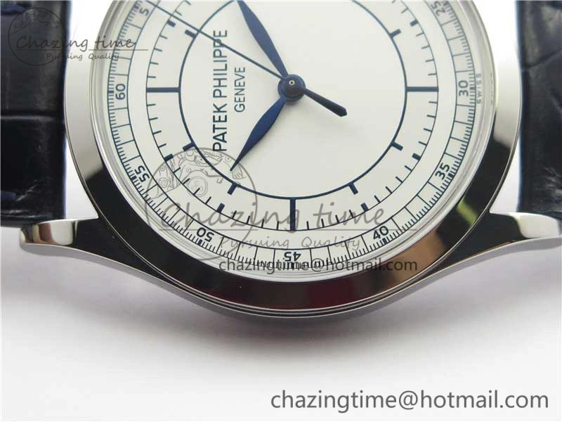 Calatrava 5296G SS ZF 1:1 Best Edition White Dial Blue Hands on Black Leather Strap 324CS