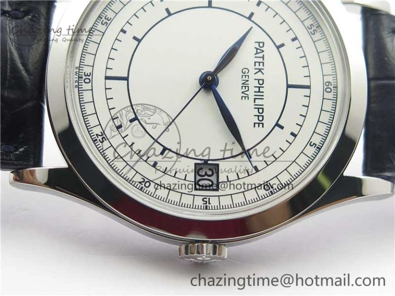 Calatrava 5296G SS ZF 1:1 Best Edition White Dial Blue Hands on Black Leather Strap 324CS