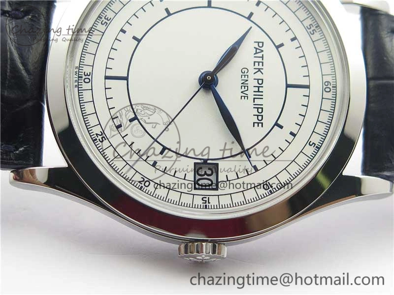 Calatrava 5296G SS ZF 1:1 Best Edition White Dial Blue Hands on Black Leather Strap 324CS