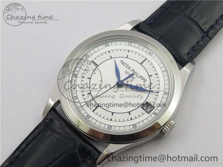 Calatrava 5296G SS ZF 1:1 Best Edition White Dial Blue Hands on Black Leather Strap 324CS