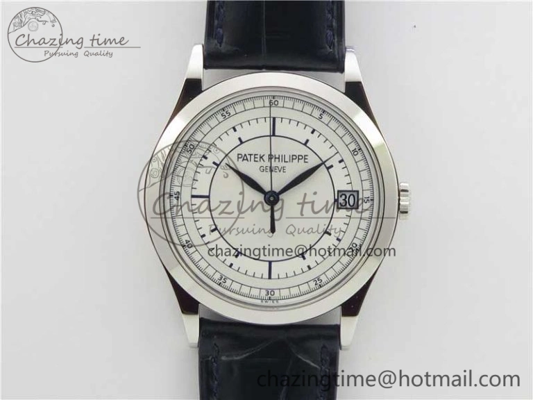 Calatrava 5296G SS ZF 1:1 Best Edition White Dial Blue Hands on Black Leather Strap 324CS