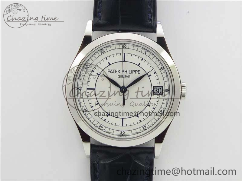 Calatrava 5296G SS ZF 1:1 Best Edition White Dial Blue Hands on Black Leather Strap 324CS