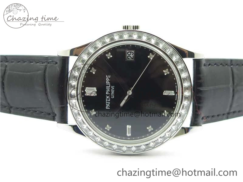Calatrava 5298P-012 SS T Diamonds Bezel ZF 1:1 Best Edition Black Dial on Black Leather Strap A324CS