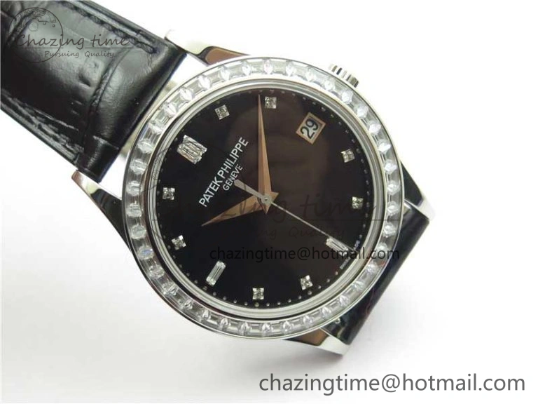 Calatrava 5298P-012 SS T Diamonds Bezel ZF 1:1 Best Edition Black Dial on Black Leather Strap A324CS