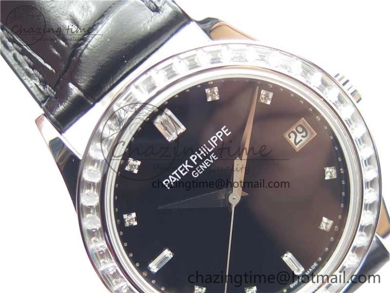 Calatrava 5298P-012 SS T Diamonds Bezel ZF 1:1 Best Edition Black Dial on Black Leather Strap A324CS
