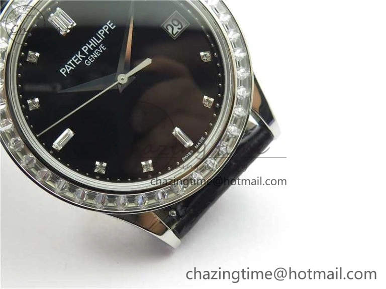 Calatrava 5298P-012 SS T Diamonds Bezel ZF 1:1 Best Edition Black Dial on Black Leather Strap A324CS