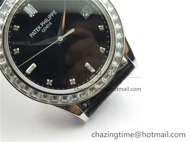 Calatrava 5298P-012 SS T Diamonds Bezel ZF 1:1 Best Edition Black Dial on Black Leather Strap A324CS
